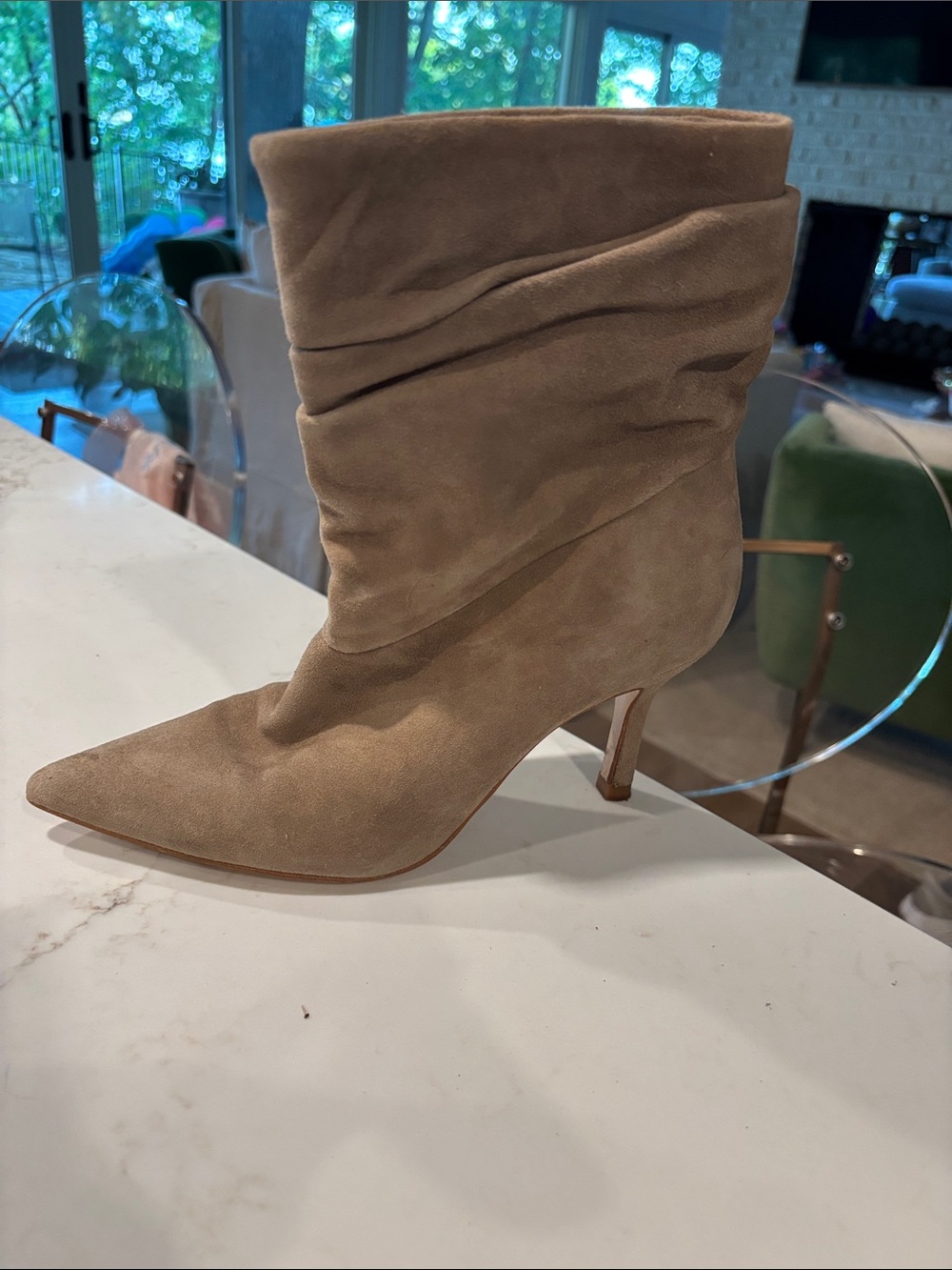Women's Pointed-Toe Slouch Suede Bootie - Taupe